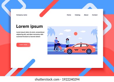 Woman ordering taxi for handicapped man. Sea, car, wheelchair flat vector illustration. Transportation and weekend concept for banner, website design or landing web page
