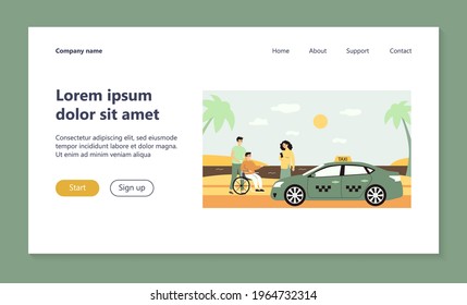 Woman ordering taxi for handicapped man. Sea, car, wheelchair flat vector illustration. Transportation and weekend concept for banner, website design or landing web page