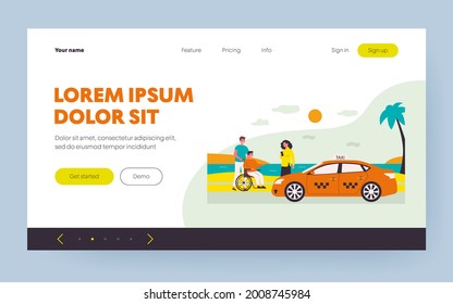 Woman ordering taxi for handicapped man. Sea, car, wheelchair flat vector illustration. Transportation and weekend concept for banner, website design or landing web page