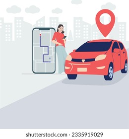 A woman ordering an Uber, the Uber vehicle, the location, and the location map visible on an iPhone.