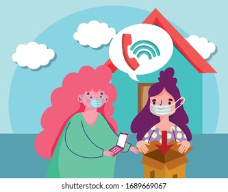 Woman ordering using mobile.  Ecommerce online shopping vector illustration.  COVID-19. coronavirus.