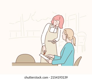 Una mujer ordenando a camarera del menú en un restaurante. Ilustraciones de diseño vectorial de estilo dibujado a mano.
