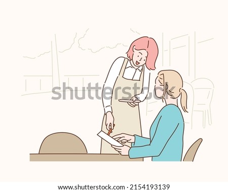 Woman ordering to waiter from the menu in a restaurant. Hand drawn style vector design illustrations.