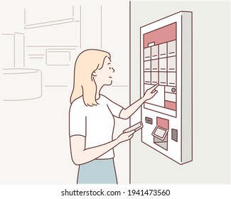 woman orders food at the touch screen self service machine by the electronic menu in the fastfood restaurant. Hand drawn style vector design illustrations.