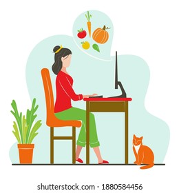 Woman orders grocery delivery by computer. Grocery Delivery Concept. Safe delivery food service during quarantine.  Eat local concept for Grocery Market,  Home Delivery. 
