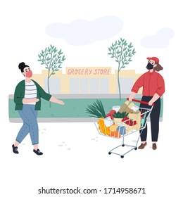 Woman orders and pickups food near a grocery store. Non contact food delivery. Cartoon flat hand drawn concept illustration. 