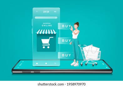 A woman orders products online through a smartphone application. With a smartphone and a shopping cart as visual elements,shopping online concept design