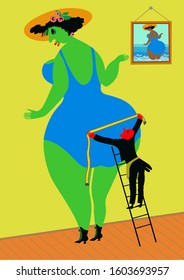 A woman orders a tailor new outfits for a vacation at sea. The tailor is trying to measure her figure.
