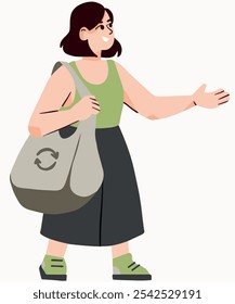 Woman with organic shopping bag. Grocery eco handbag and girl. Zero waste ecological illustration.