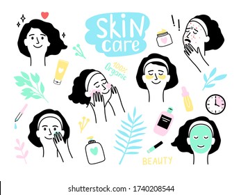 Woman organic skin care. Vector illustration female use water and scrub to protection face skin and save beauty, positive caring of cleansing skin, problems with wr