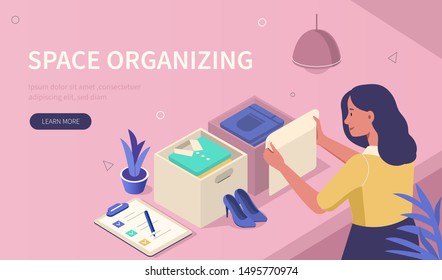 Woman Organize Her Wardrobe And Tidying Clothes In Drawers. Girl Character Cleaning Room And Sorting Stuff. Open Basket With Clothes And Accessories. Home Organizer Concept. Flat Vector Illustration.