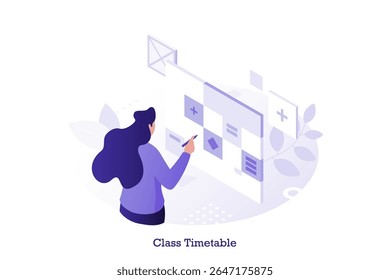 Woman organizing class timetable schedule. Isometric vector illustration for education concept or curriculum planning. Education metaphor for website or marketing