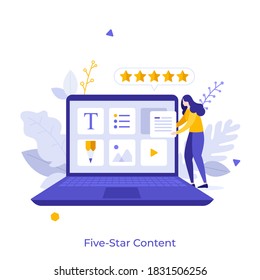 Frauen, die digitale Elemente der Website auf Laptop-Computer und fünf Sterne Bewertung organisiert. Konzept des Web Content Management Systems, Online-Informationen. Moderne, flache, bunte Vektorgrafik für Banner.