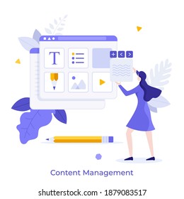 Woman organizing digital elements of website in browser window. Concept of web content management, webpage administration tool, organization of online information. Flat vector illustration for banner.