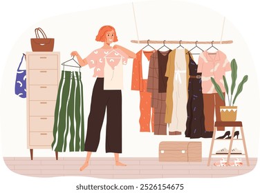 Woman Organizing Stylish Wardrobe in a Closet. A person carefully arranging clothes in a wardrobe, focusing on stylish and modern fashion. Great for topics related to fashion, and home lifestyle