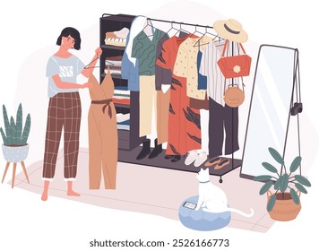 Woman Organizing Stylish Wardrobe in a Closet. A person carefully arranging clothes in a wardrobe, focusing on stylish and modern fashion. Great for topics related to fashion, and home lifestyle