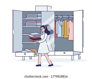 Woman organizing wardrobe packing or unpacking clothes before travel or moving to new home. Cartoon female holding stack of clothes putting it in order on closet shelves. Linear vector illustration