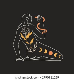 Woman with ornament on her back hold serpent in her hand isolated on black background. Concept of spirituality, magic for logo, emblem, print design. Celestial bodies, human mind and soul art.