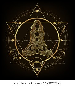 Woman ornate silhouette sitting in lotus pose and Sacred Geometry. Ayurveda symbol of harmony and balance. Tattoo design, yoga logo. poster, t-shirt textile. Gold gradient over black. 