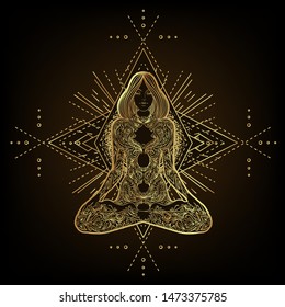 Woman ornate silhouette sitting in lotus pose and Sacred Geometry. Ayurveda symbol of harmony and balance. Tattoo design, yoga logo. poster, t-shirt textile. Gold gradient over black. 