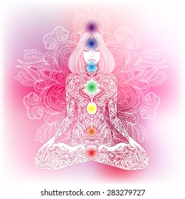 Woman ornate silhouette sitting in lotus pose. Meditation, aura and chakras. Vector illustration.