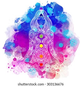 Woman ornate silhouette sitting in lotus pose. Meditation concept. Vector illustration. Over colorful watercolor background.