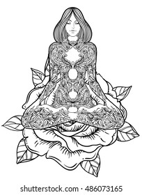 Woman ornate silhouette sitting in lotus pose. Meditation, aura and chakras. Vector illustration over rose flower. Isolated on white.