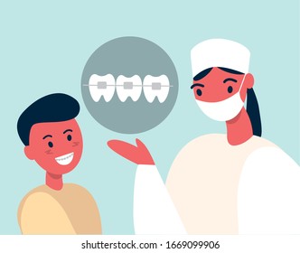 Woman orthodontist talks to a boy with braces on his teeth. Orthodontic services. Flat vector illustration