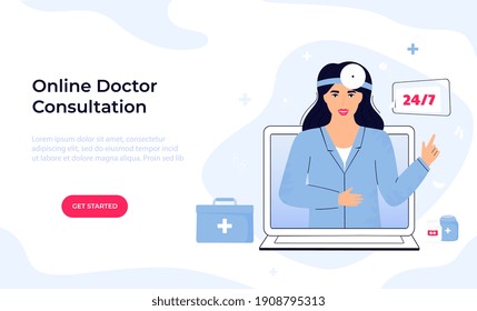 Woman Otolaryngologist Doctor With Head Reflector Consults Online By Video Call On Laptop. Ent Clinic. Telemedicine Concept. Chat With A Medical Worker. Web Page Template