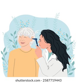 Woman otolaryngologist examines ear with otological instrument. Audiologist doctor examine check elderly woman hearing . Vector illustration flat cartoon.