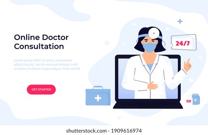 Woman Otorhinolaryngologist Doctor In Protective Mask And Head Reflector Consults Online By Video Call On Laptop. Ent Clinic. Telemedicine Concept. Chat With A Medical Worker. Web Page Template.