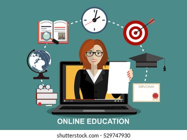 Woman out of screen monitor. Training, education, online tutorial, e-learning concept. Laptop with video online training on the screen. Flat vector illustration.
