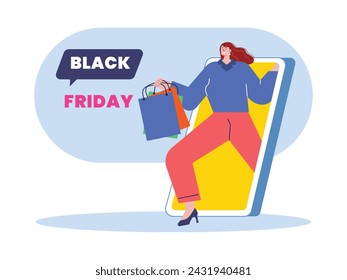 Woman out of smartphone, carrying shopping bag after black friday. Character design. Vector flat illustration