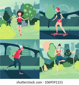 Woman outdoor activity. Female sport. Old lady, girl and woman on work out.