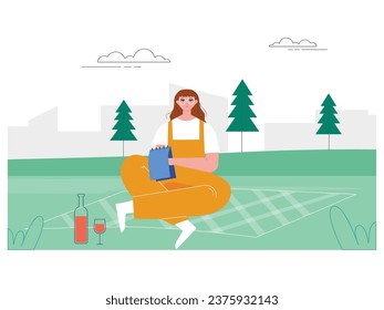 woman outing in the park, sitting on the carpet and carrying a drink while holding a journey book, enjoying herself. Character design. Vector flat illustration