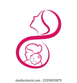 Woman outline with mother and baby icon, mother concept 
