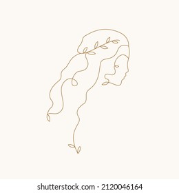 Woman outline silhouette. Female monoline portrait. Greek goddess. Line art, emblem, vector illustration. 