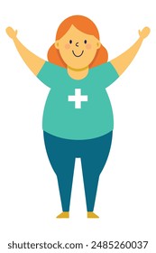 A woman with outstretched arms and a plus sign on her shirt, in cartoon style