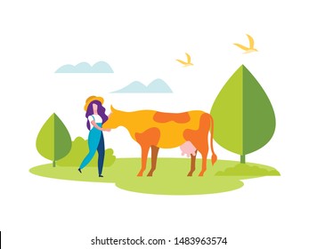 Woman in Overalls Caress Cow on Green Field Isolated on White Background, Farming, Natural Dairy Farmer Agriculture Production, Rancher Girl Working on Animal Farm, Cartoon Flat Vector Illustration