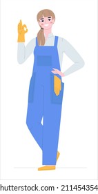 Woman in overalls. Cleaning agency employee Cleaning service. Show gesture OK and super. Flat vector illustration