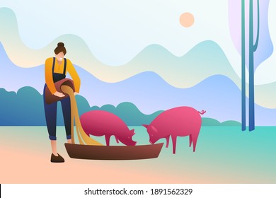 A Woman In Overalls Feeds Pigs With Feed From A Bag, Against The Background Of An Abstract Landscape. Girl Farmer Feeds Cattle In Nature. Modern Flat. Work In Agriculture.