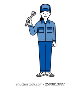 Woman in overalls holding a monkey wrench (full body)
