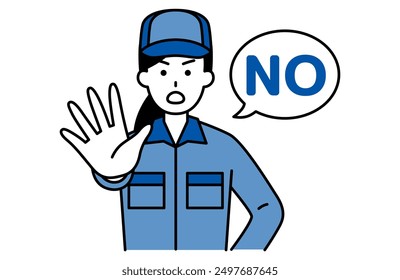 woman in overalls holding out her right hand and saying "NO"