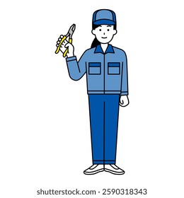Woman in overalls holding pliers (full body)