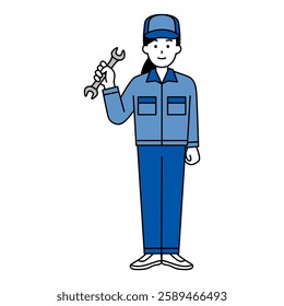 Woman in overalls holding a wrench (full body)