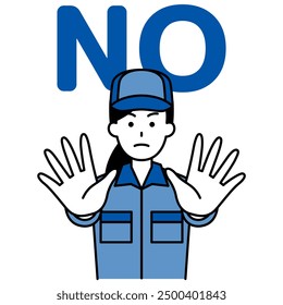 Woman in overalls saying NO with both hands outstretched