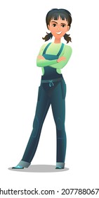 Woman in overalls. Service girl. Handyman, locksmith or repairman. Cheerful person. Standing pose. Cartoon comic style flat design. Single character. Illustration isolated on white background. Vector.