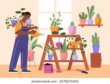 A woman in overalls watering potted indoor plants on wooden shelves. Minimalist style on a light indoor background. Concept of gardening and home decor. Vector illustration