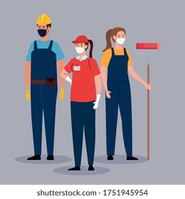 woman in overalls with workers group in covid 19, workers wearing medical mask against coronavirus vector illustration design