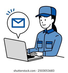 Woman in overalls working on a laptop receiving emails